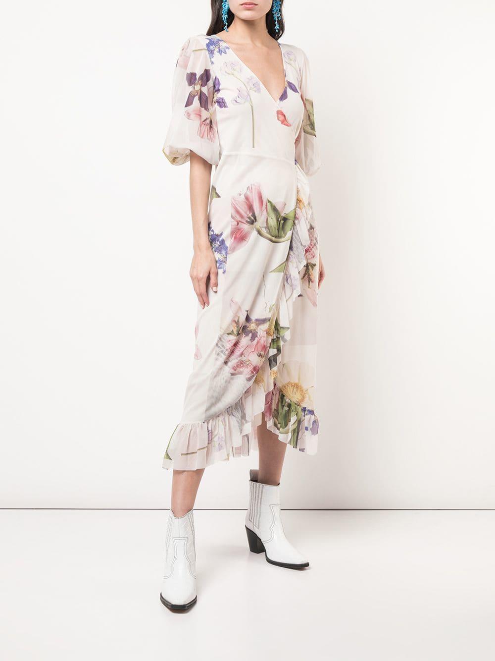 Ganni Cotton Floral Print Wrap Dress in 
