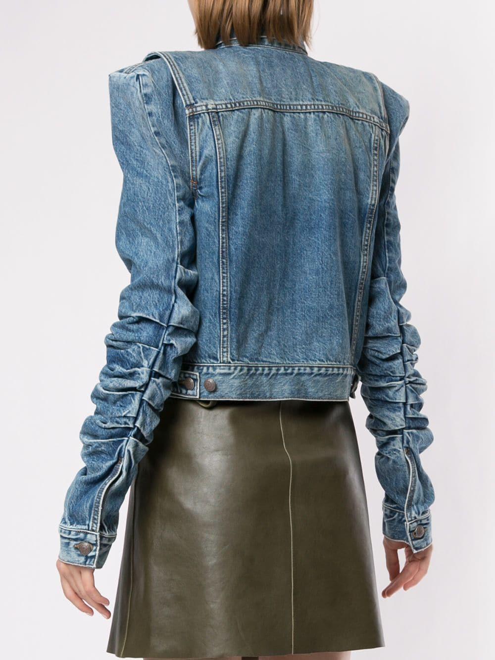 R13 Cotton Ruched Sleeves Shoulder Pad Jacket in Blue Lyst