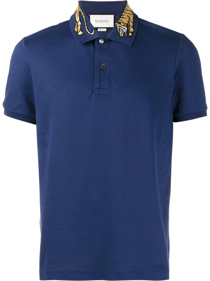 Gucci Tiger Embroidered Collar Shirt in Blue for Men