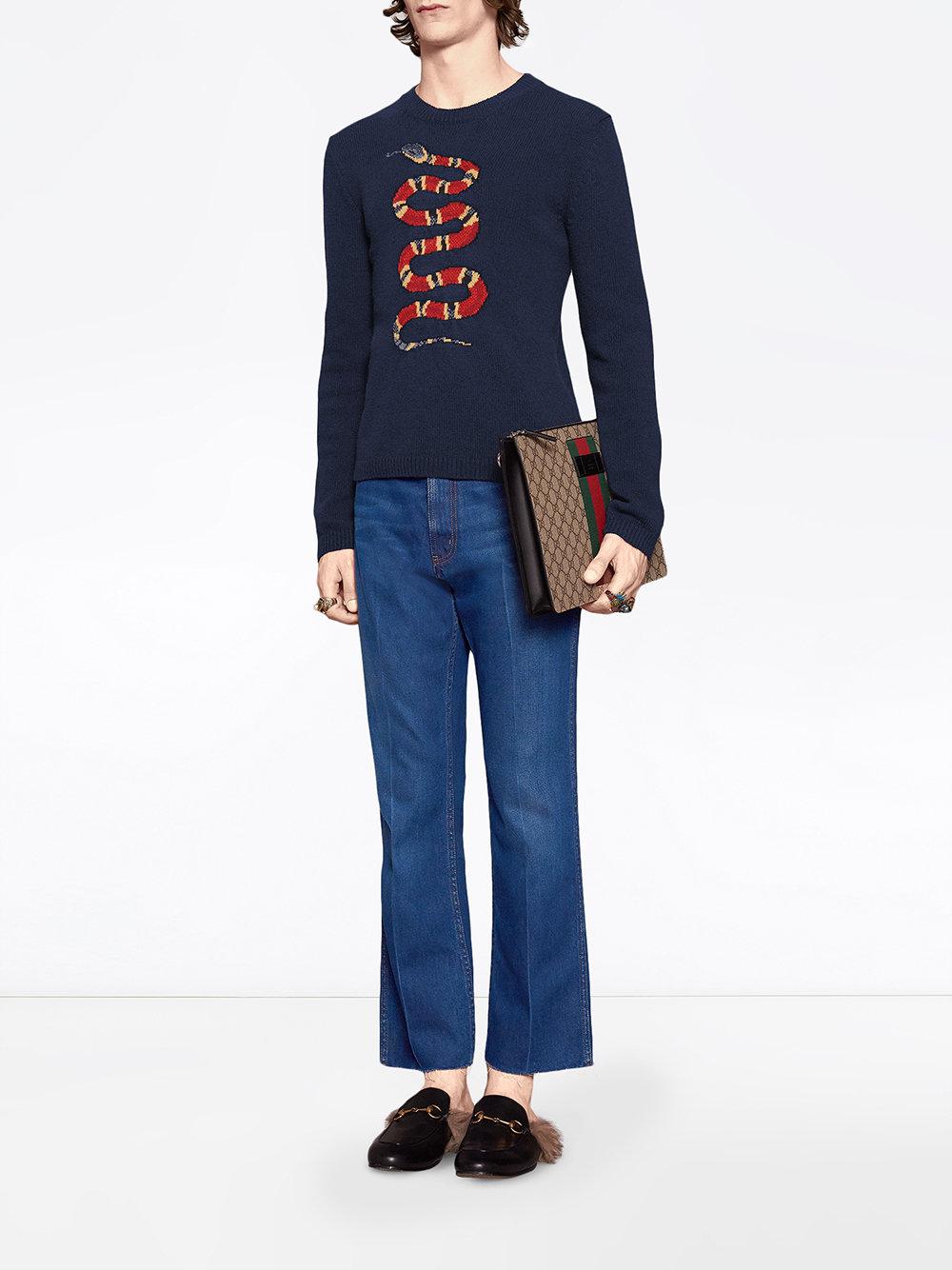 Gucci Wool Kingsnake Jacquard Sweater in Blue for Men - Lyst