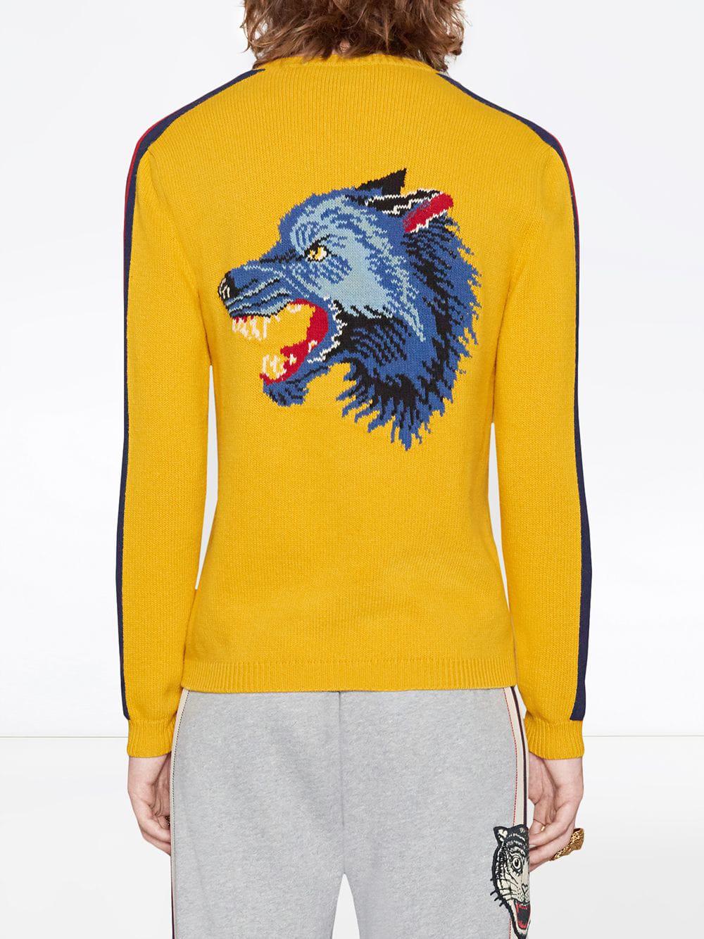 Maglione in lana con lupo e "Blind for Love" da Uomo di Gucci in Giallo |  Lyst