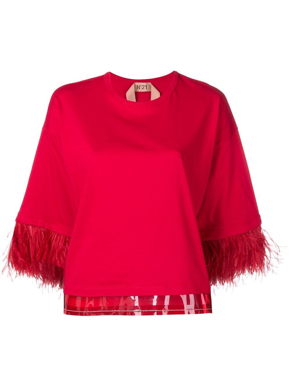 N°21 Cotton Feather Trim Top in Red Save 42 Lyst