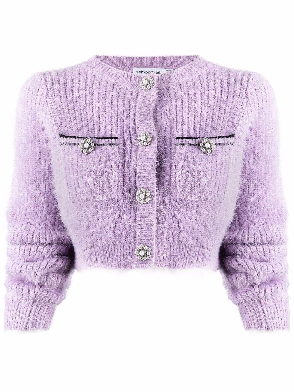 Self-Portrait Cotton Fluffy-knit Cropped Cardigan in Purple | Lyst