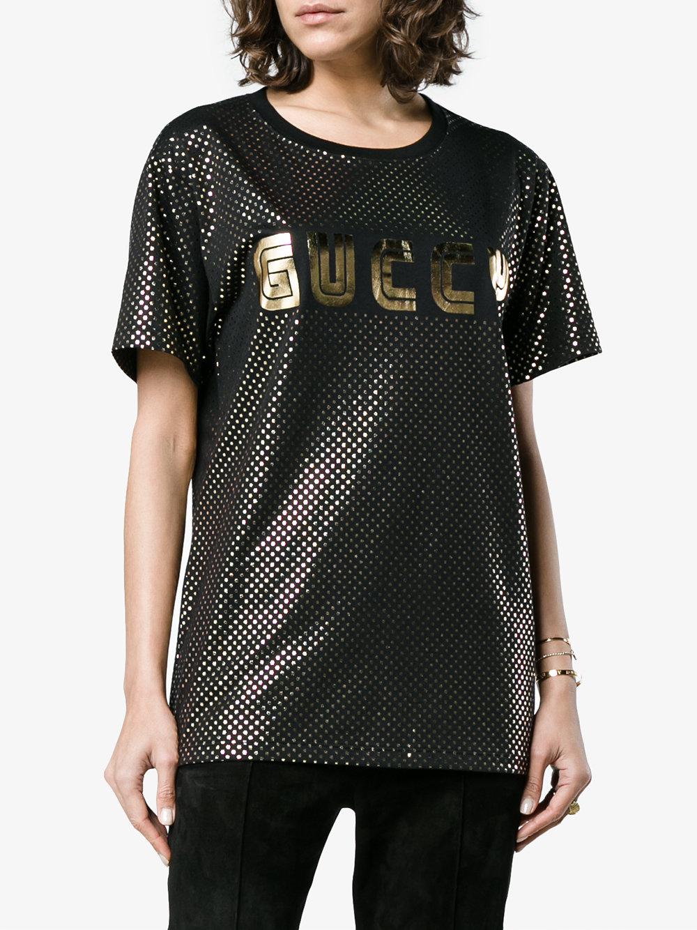 Gucci Gold Metallic Logo T-shirt in Black | Lyst