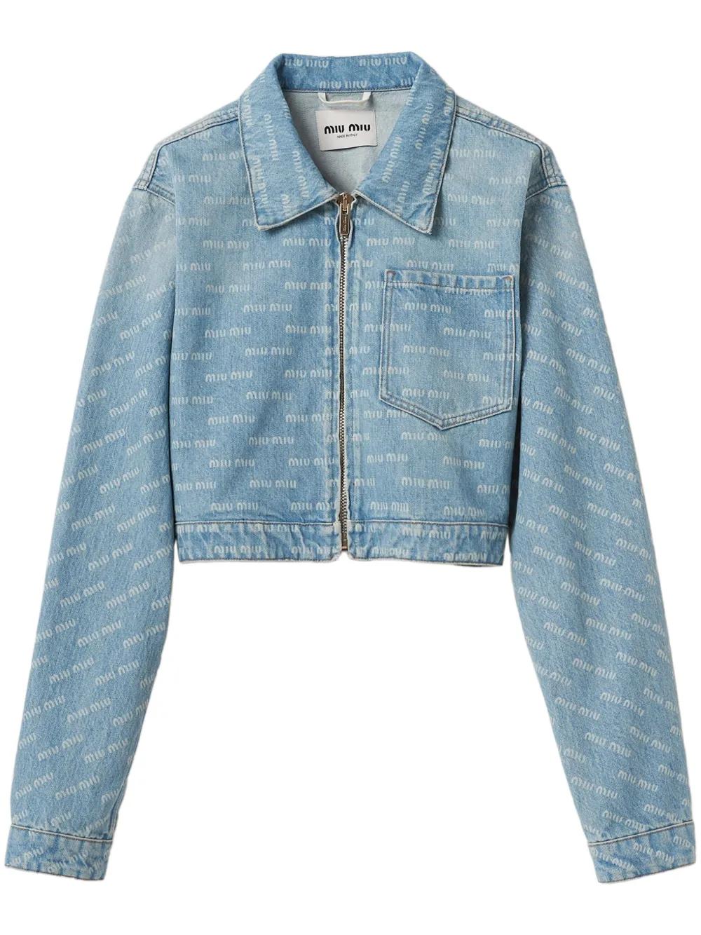 Miu Miu Logo-Print Cropped Denim Jacket in Blue | Lyst