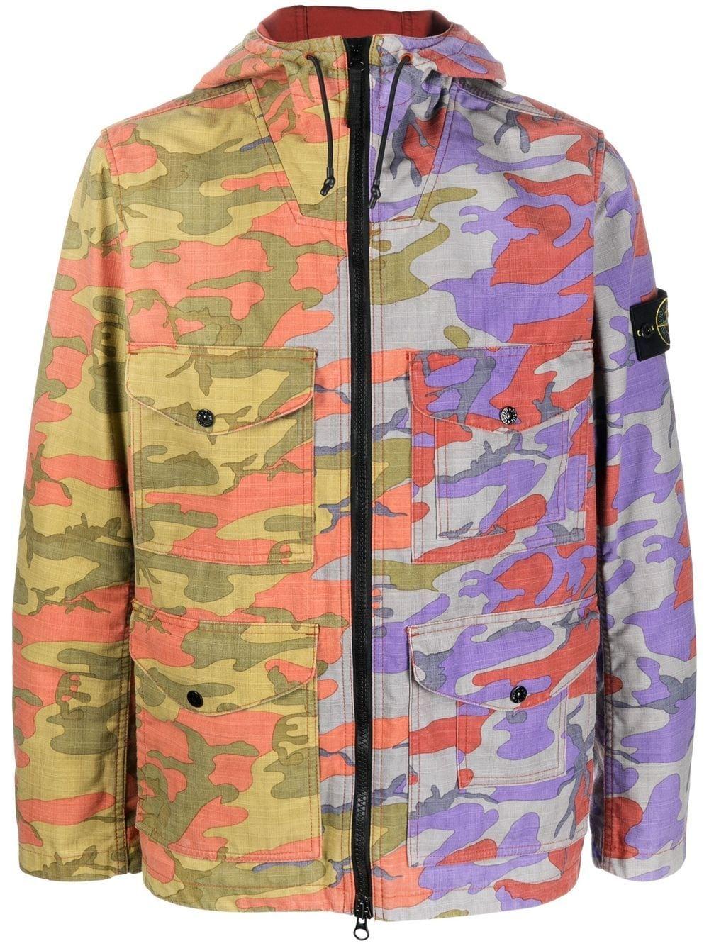 Stone Island Camouflage Print Hooded Jacket in Red for Men | Lyst