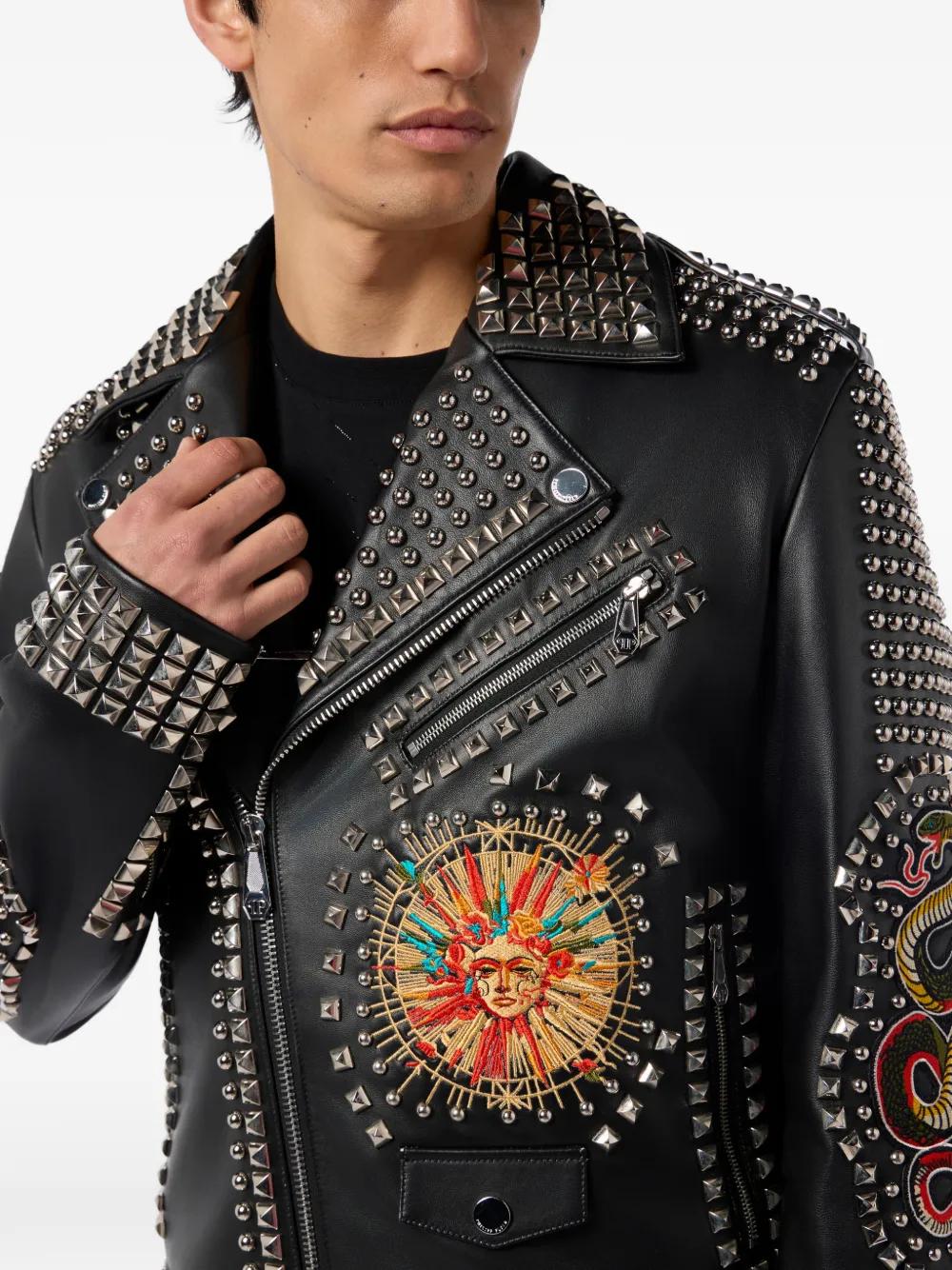 Philipp Plein Leather Biker Jacket Studs & Patches in Black for