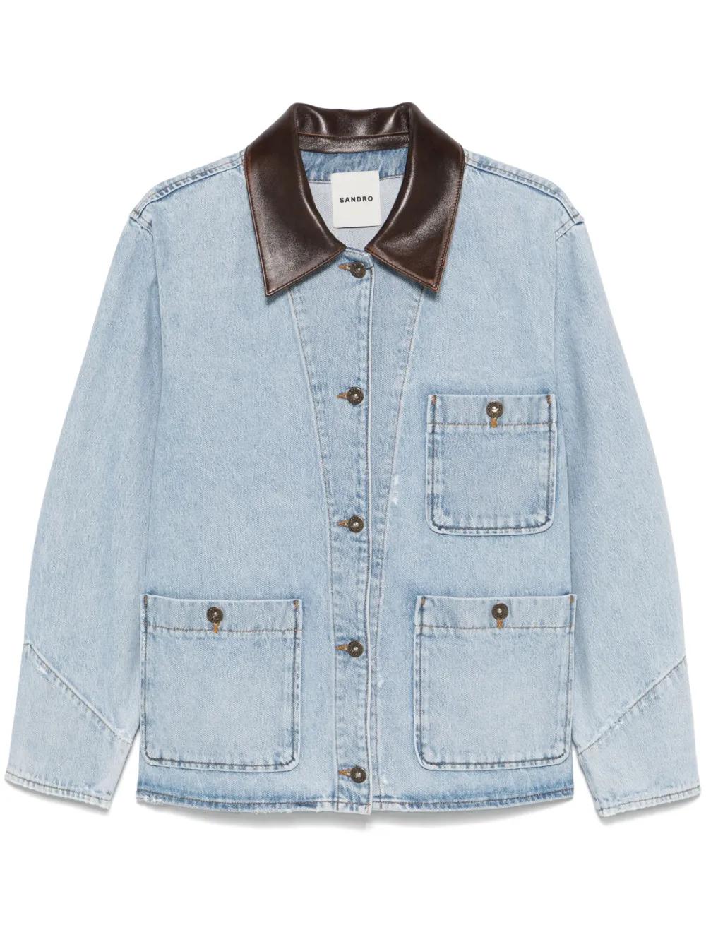【sandro】BLUE×BEIGEチェック コンビ デニム ジャケット sandro】BLUE×BEIGEチェック コンビ デニム ジャケット SANDRO