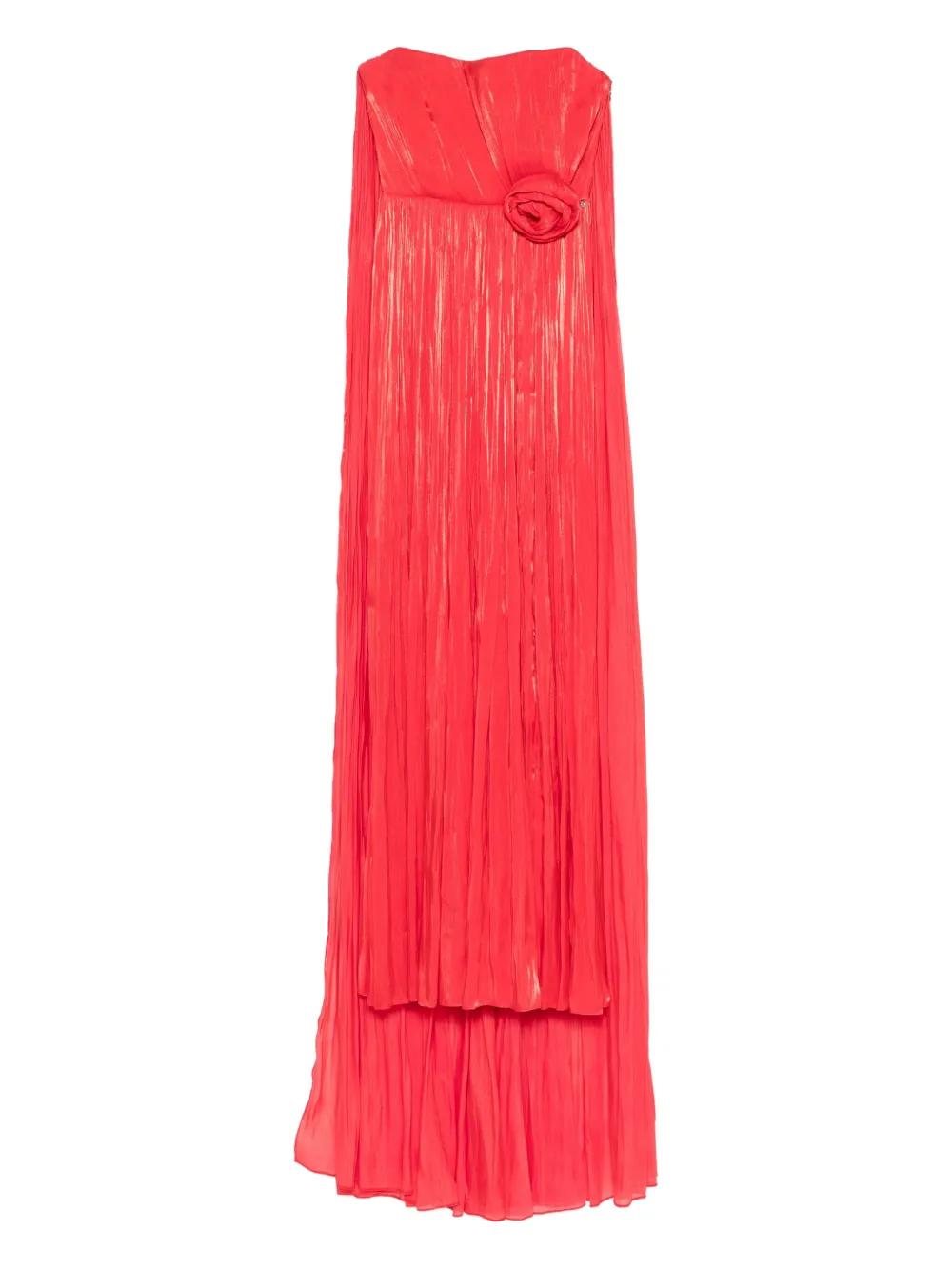 Nissa Pleated Rose-Embellished Asymmetric Evening Dress in Red | Lyst