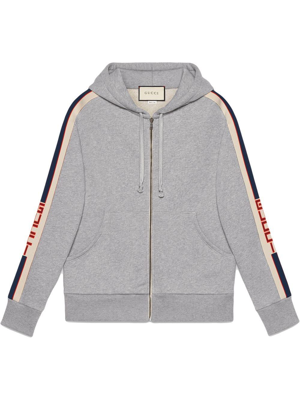 Gucci Hooded Zip-up Sweatshirt With Stripe in Grey for Men | Lyst UK