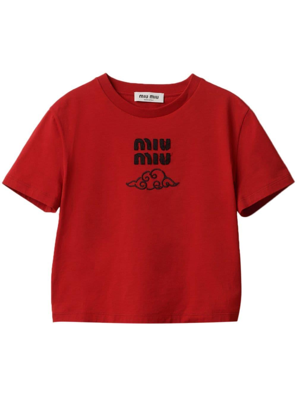 【MIU MIU】Embroidered Cropped Cotton T-Shirt/全国送料無料 Miu Miu Logo cotton crop top Miu Miu