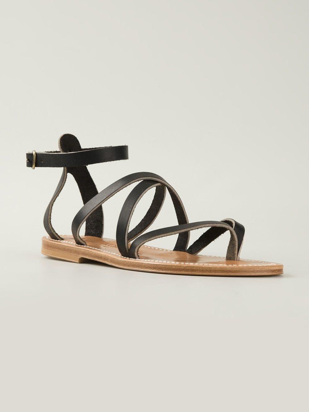 K. Jacques Leather Strappy Flat Sandals in Black - Lyst
