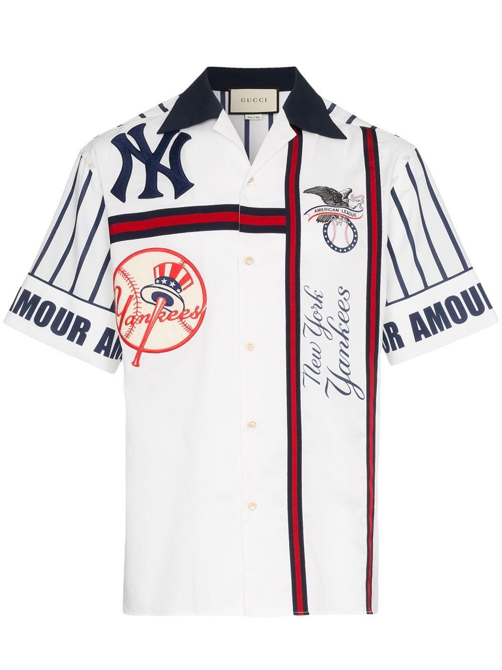Gucci Navy Blue Satin New York Yankees Patch Bowling Shirt S at 1stDibs