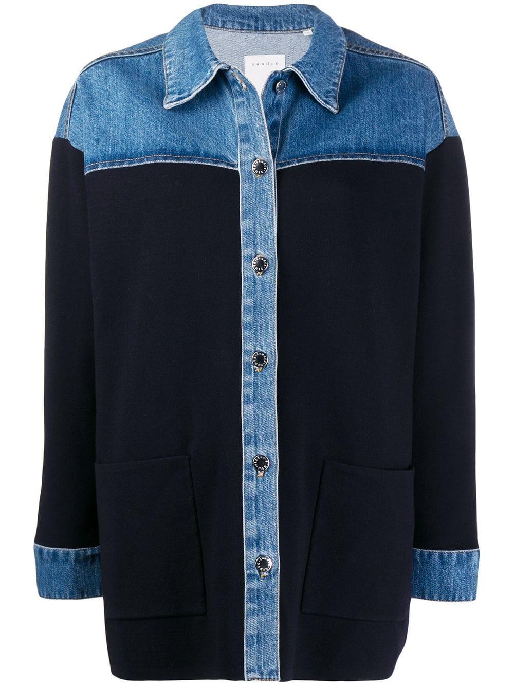 Sandro Wenaelle Twotone Mixed Media Denim Shirt in Deep Navy (Blue