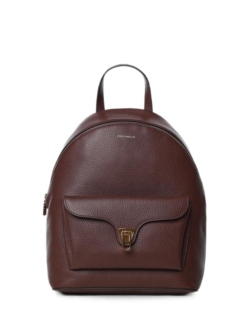 coccinelle brown leather ariel mini backpack Handcrafted the distinctive flap closure with plectrum is the symbol of Coccinelles identity GIANNI CHIARINI Violette contrast-stitch Drawstring