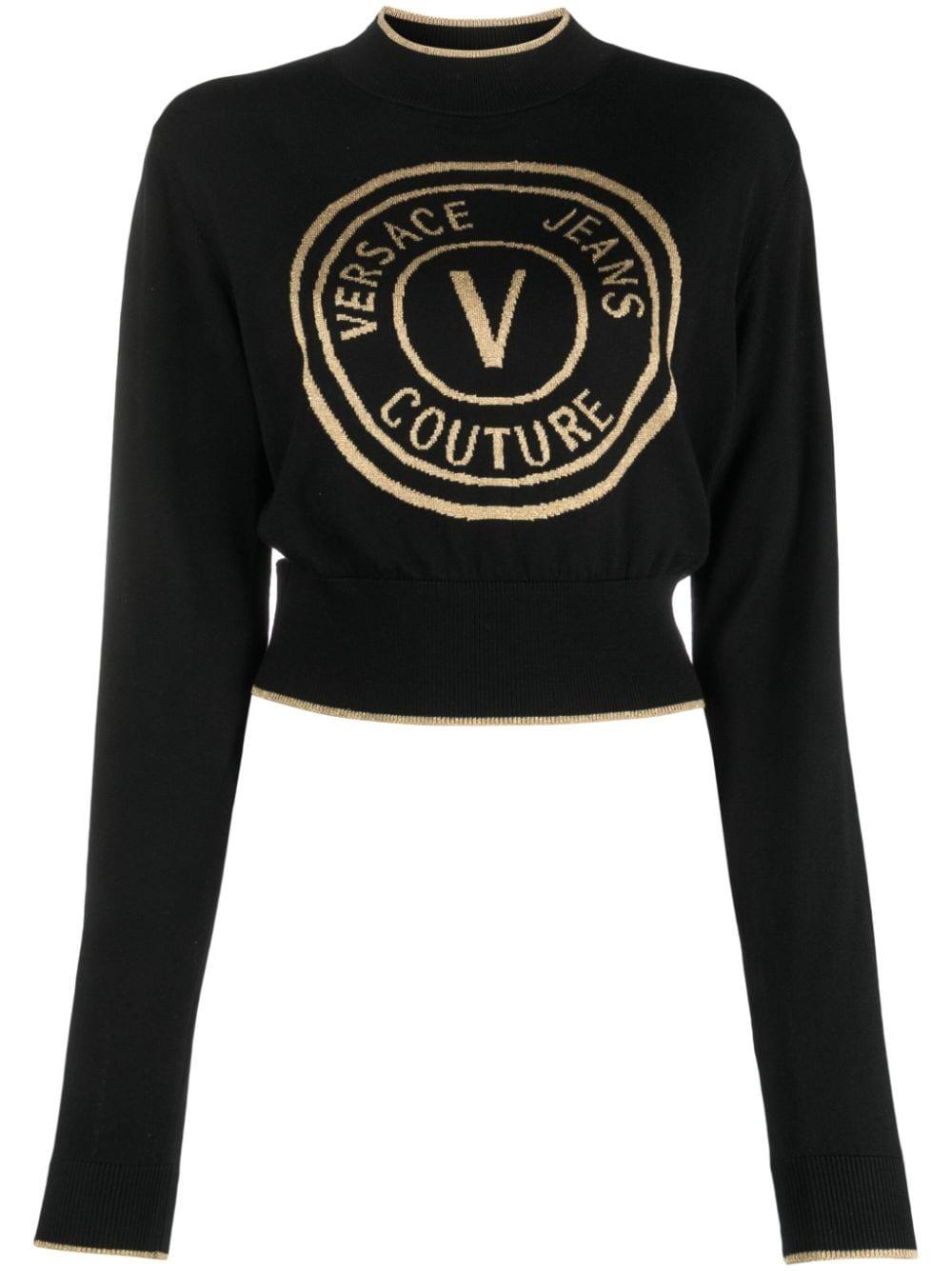 Versace Jeans Couture Long-sleeve Logo-print Cropped Top in Black | Lyst