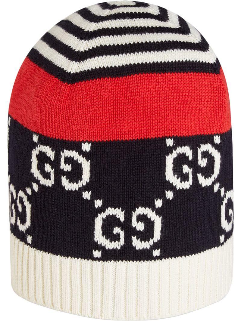 Lyst - Gucci Blue, White And Red GG Motif Cotton Beanie Hat in Blue for Men