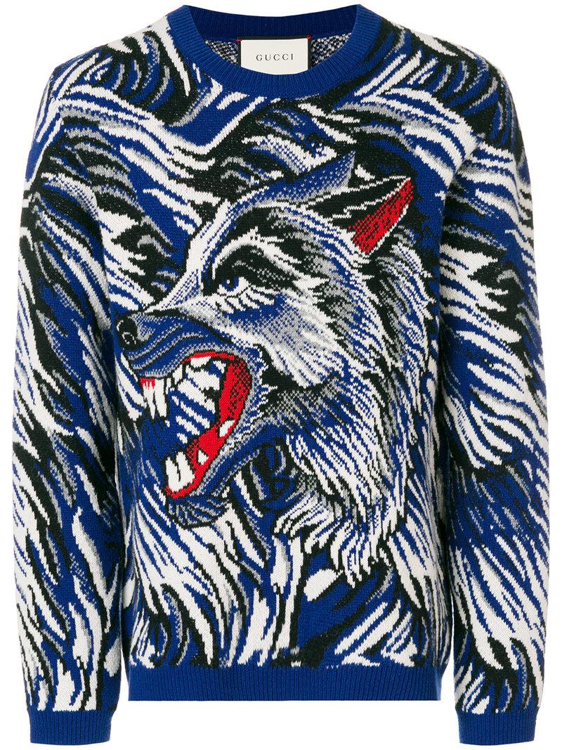 Gucci Wool Wolf Intarsia Jumper in Blue for Men - Lyst