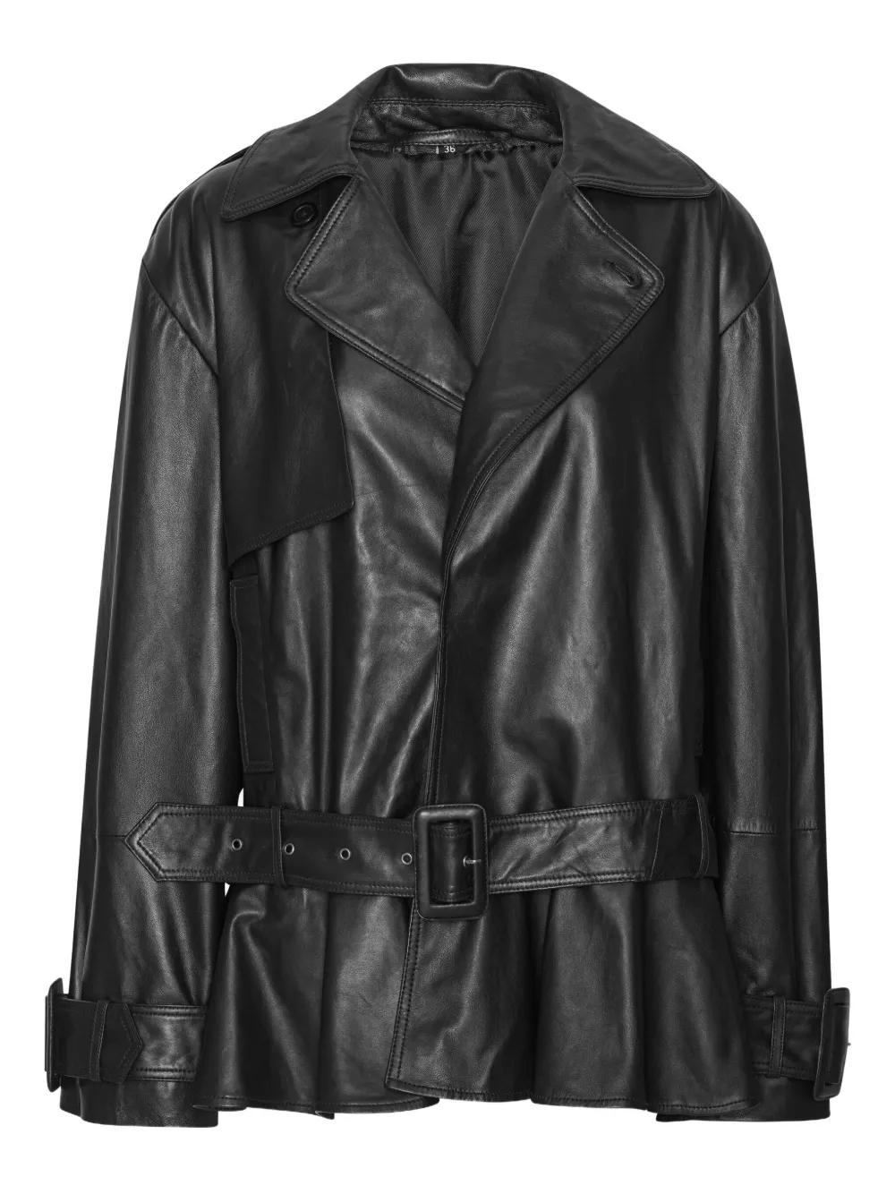ROTATE BIRGER CHRISTENSEN Belted Ruffle Leather Jacket in Black Lyst