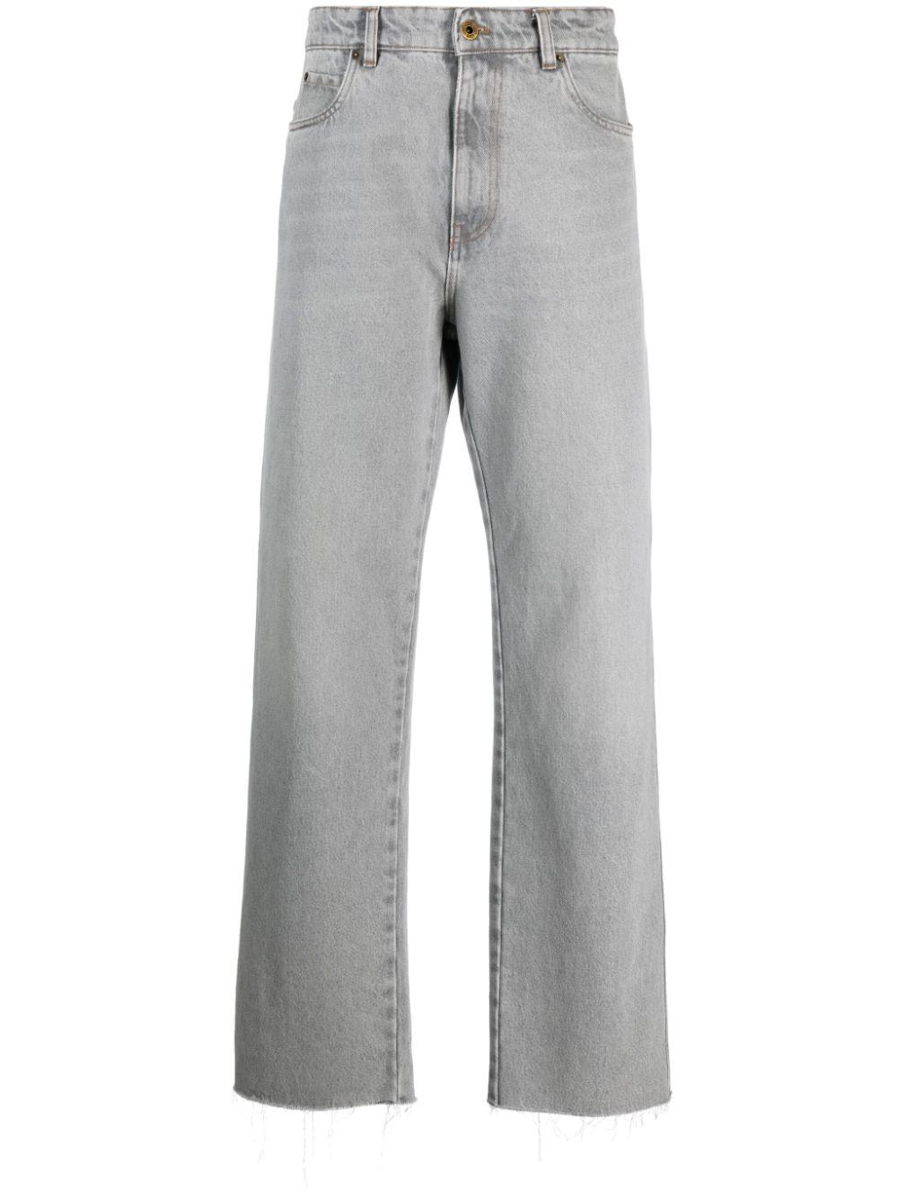 Miu Miu Logo-patch Straight-leg Jeans in Gray | Lyst