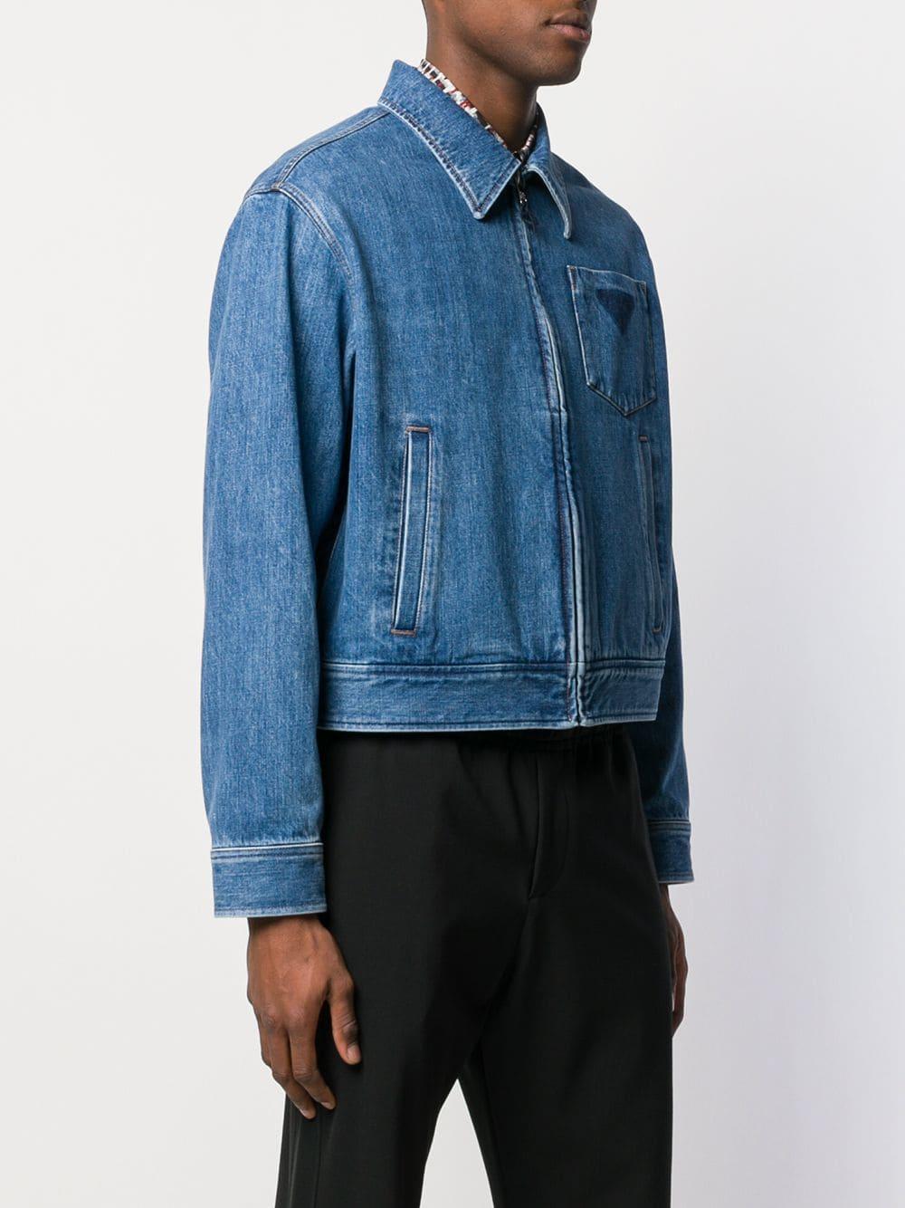Prada Logo Print Zip Front Denim Jacket in Blue for Men | Lyst