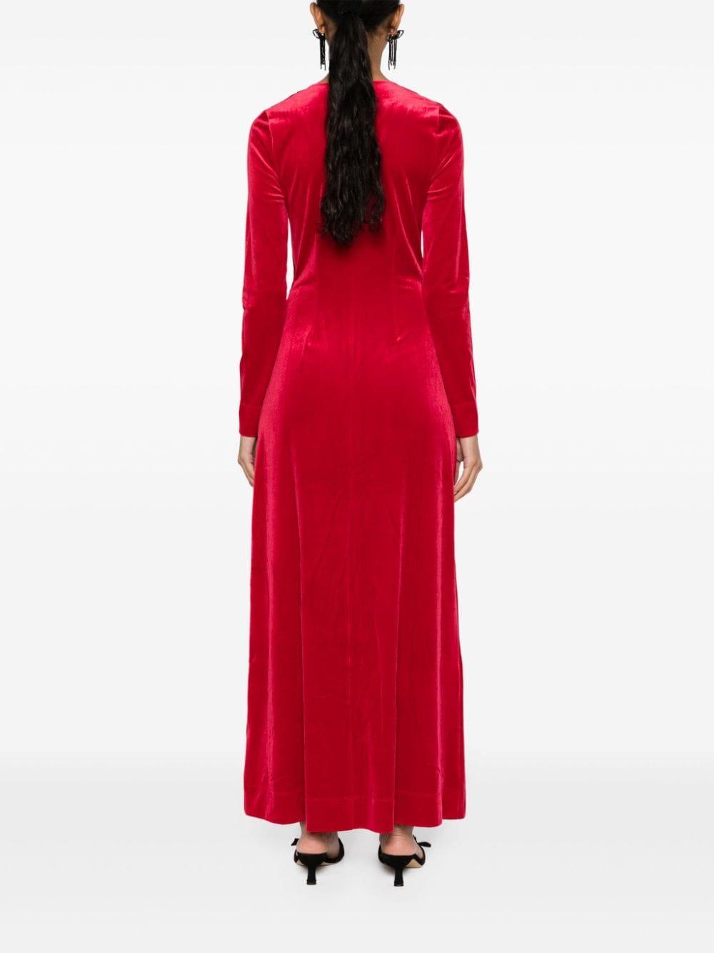 ganni red velvet dress Ganni Velvet Jersey Twist Long Dress - Savvy Red