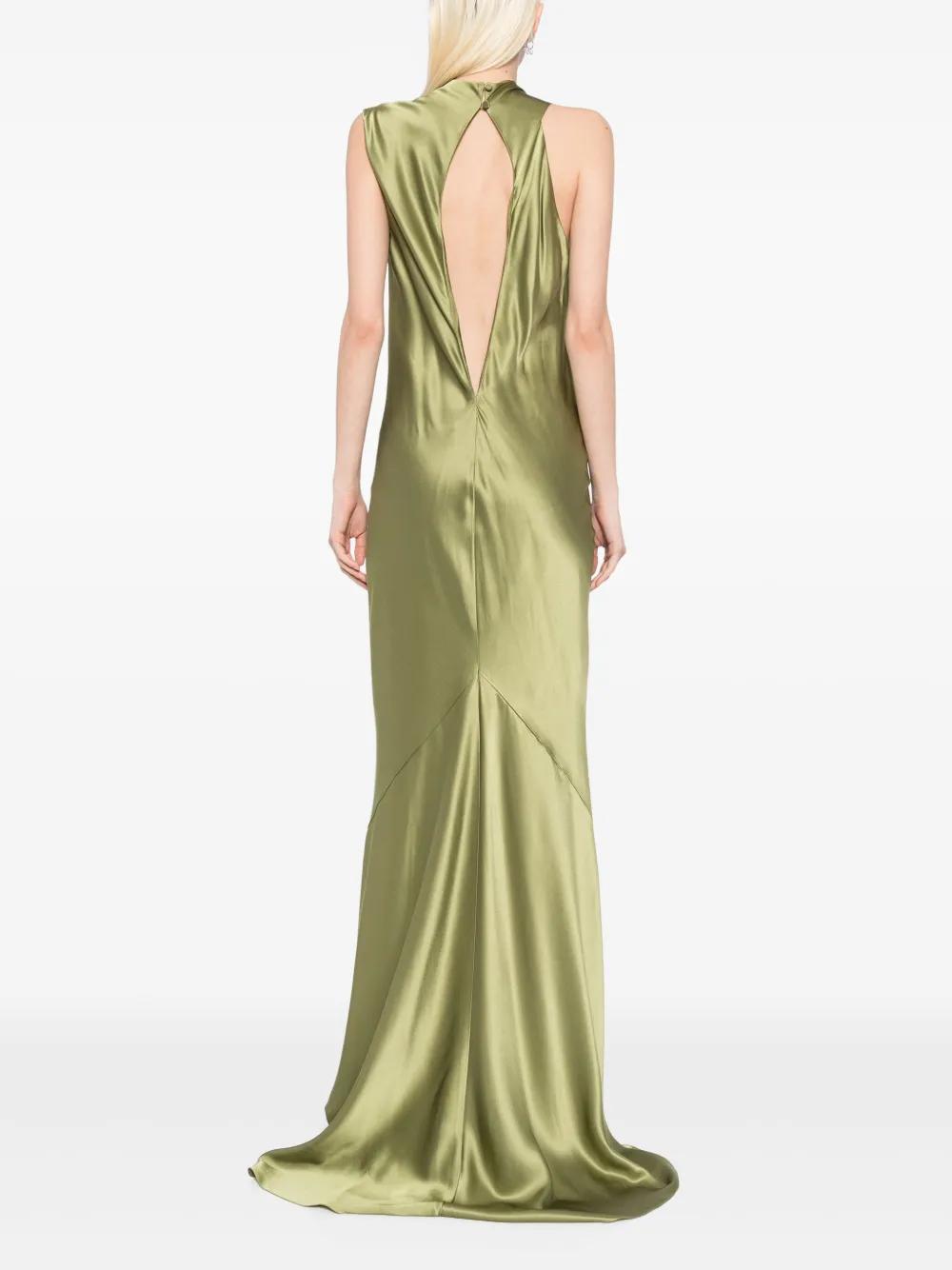 michelle mason green silk dress Open back long sleeve gown