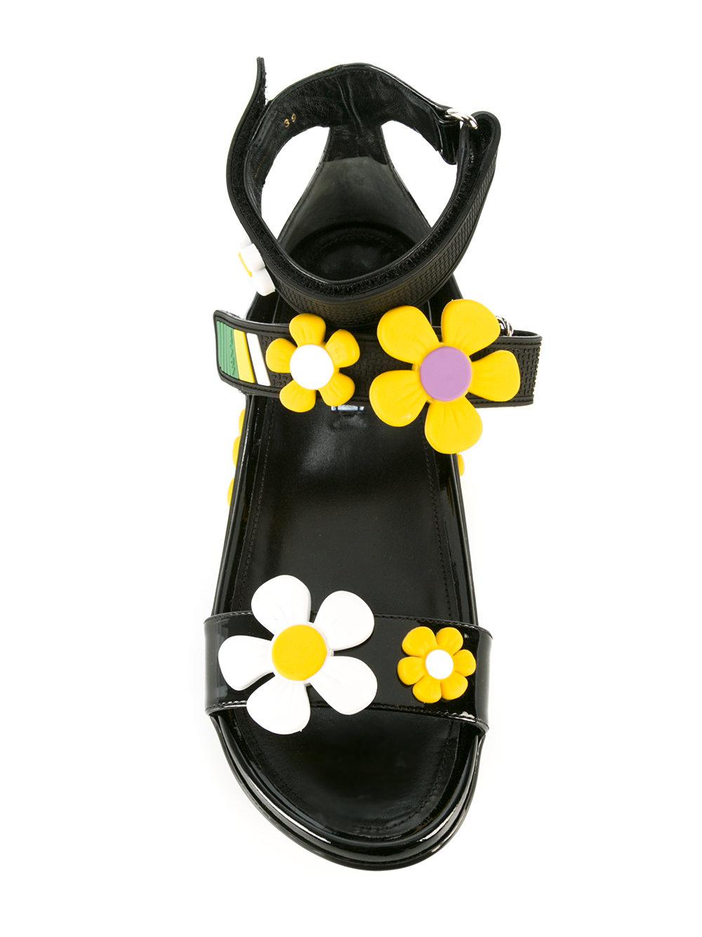 Prada Flower Applique Flat Sandals Women Calf Leather/patent Leather/rubber 35.5 in