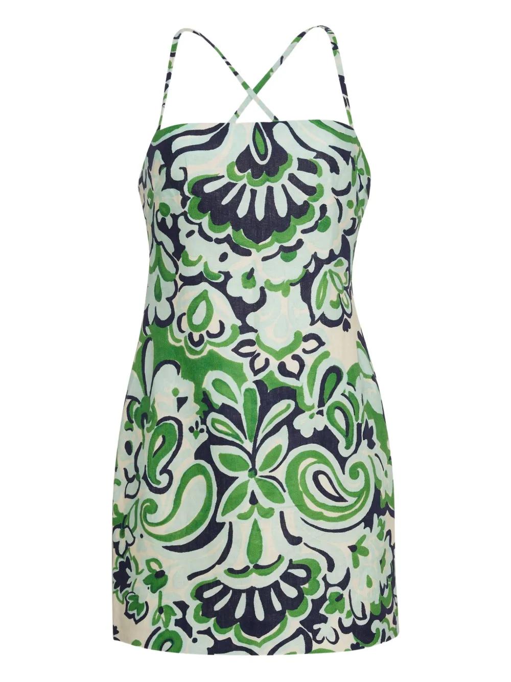 Cara Cara Geometric-Print Cross-Back Mini Day Dress in Green | Lyst