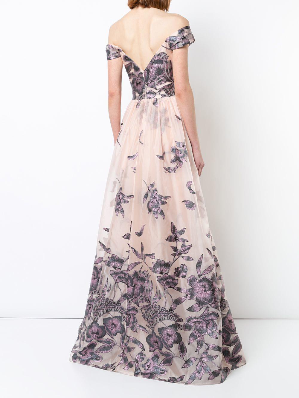 Marchesa notte Synthetic Embroidered Off The Shoulder Gown in Pink - Lyst