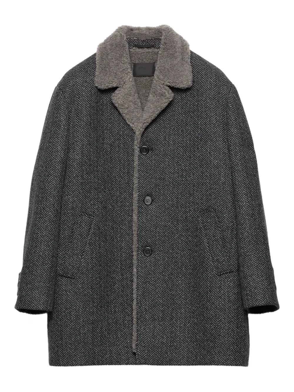 Prada Herringbone Shearling-Collar Coat in Gray for Men | Lyst
