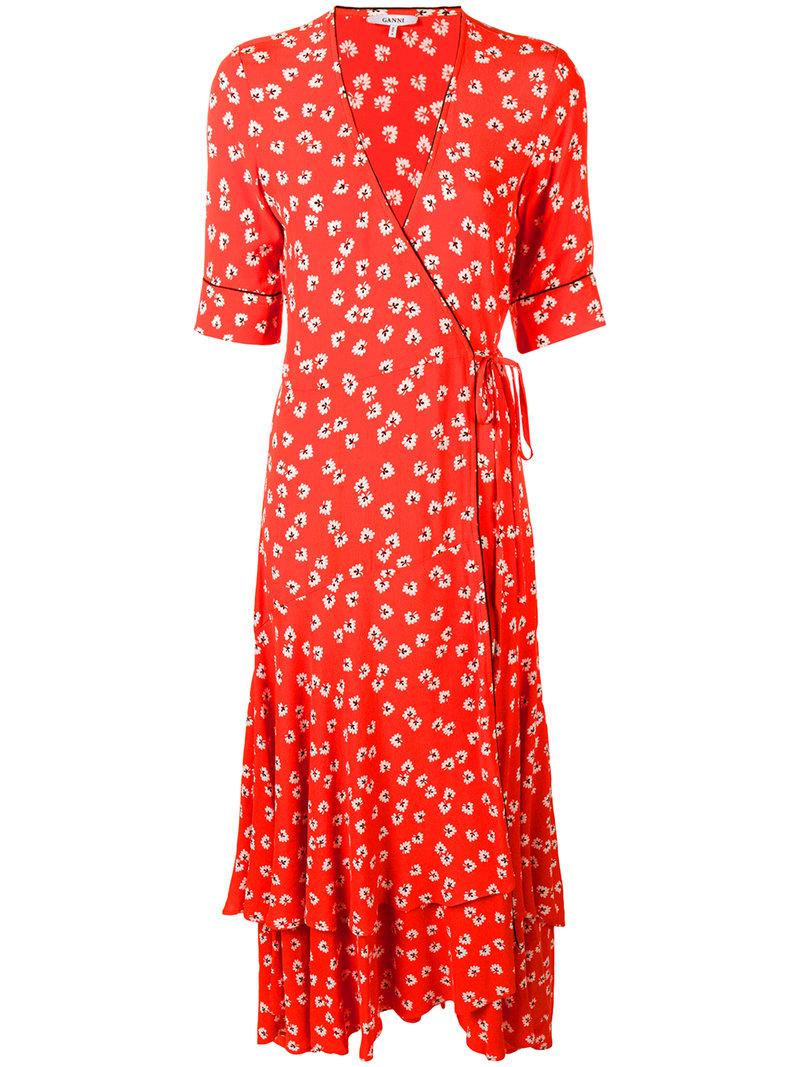 Ganni Floral Wrap Dress in Red | Lyst