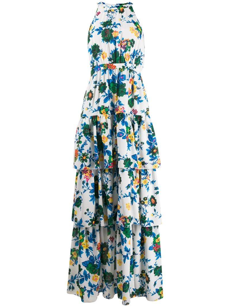 MSGM Floral Print Tiered Maxi Dress in White - Lyst