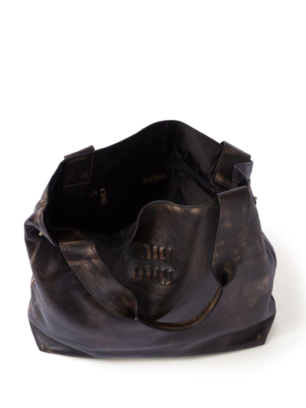 Miu Miu Logo-embossed Leather Tote Bag in Black | Lyst