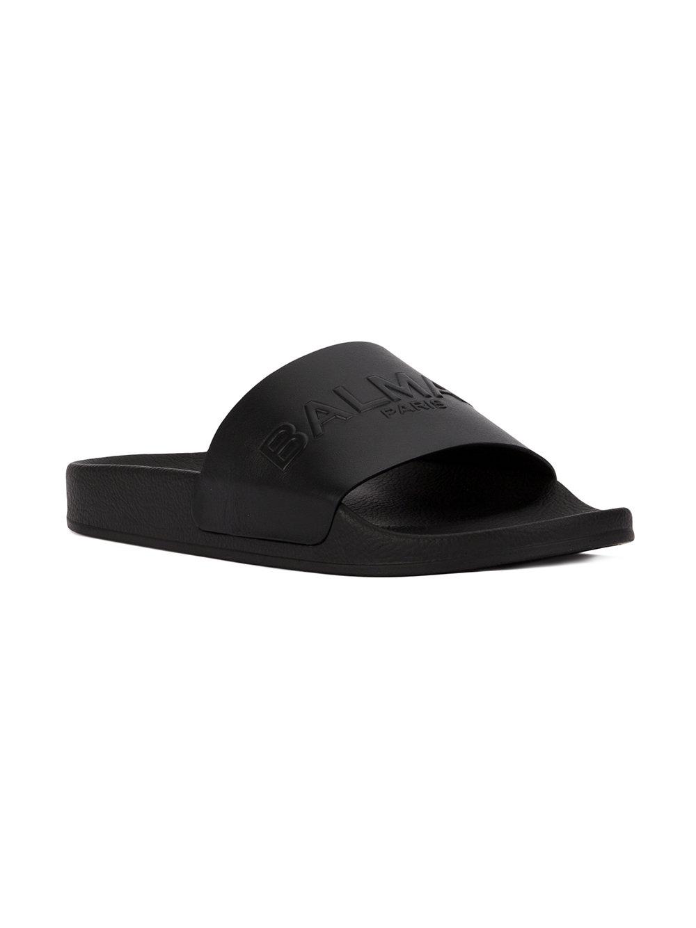 Balmain Leather Embossed Logo Slide Sandals in Black for Men - Lyst