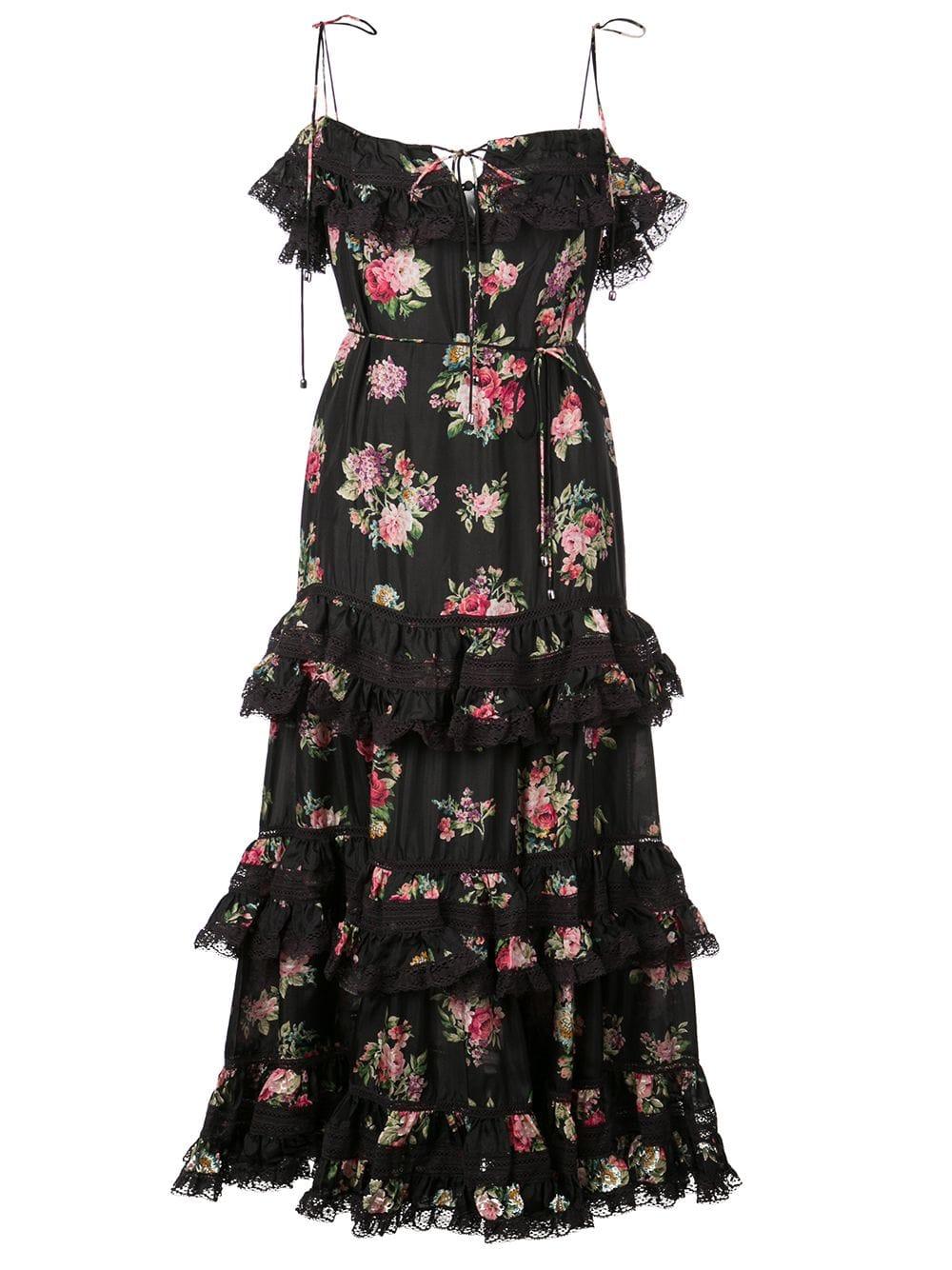 Zimmermann Honour Floral-print Tiered Silk Midi Dress in Black Floral ...