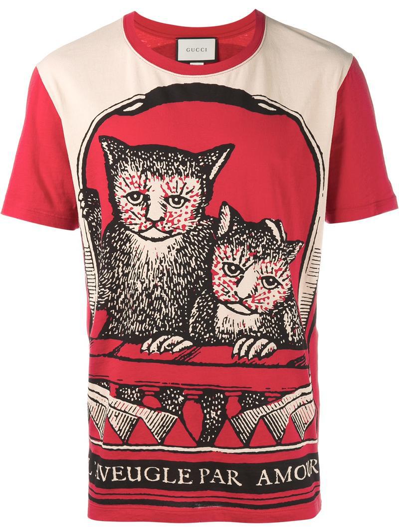 Gucci Cat Print T-shirt in Red for Men | Lyst