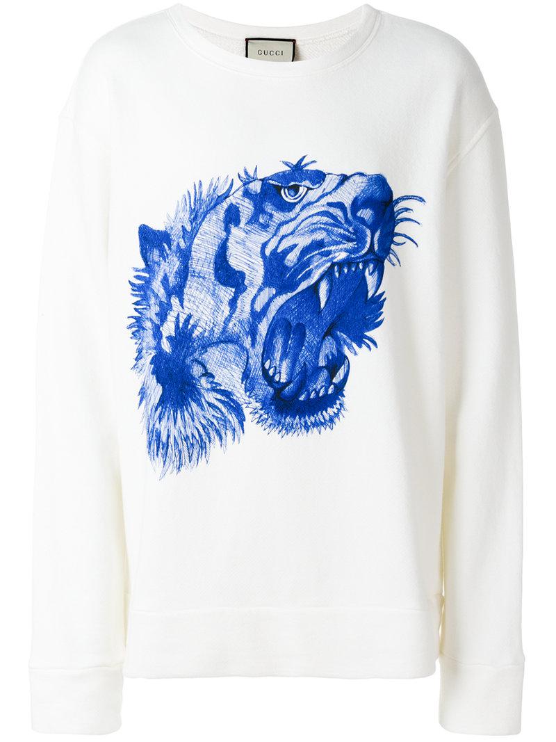 Sudadera estampada con tigre bordado Gucci de Algodón de color Blanco para  hombre - Lyst
