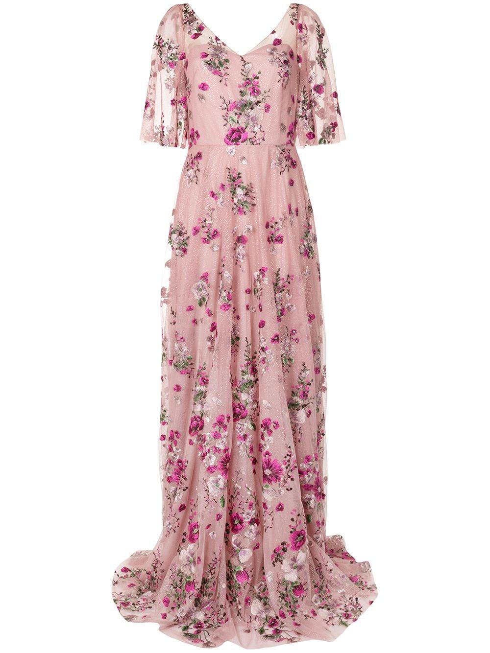 Marchesa notte Floral Embroidered Glitter Tulle Gown in Pink - Lyst