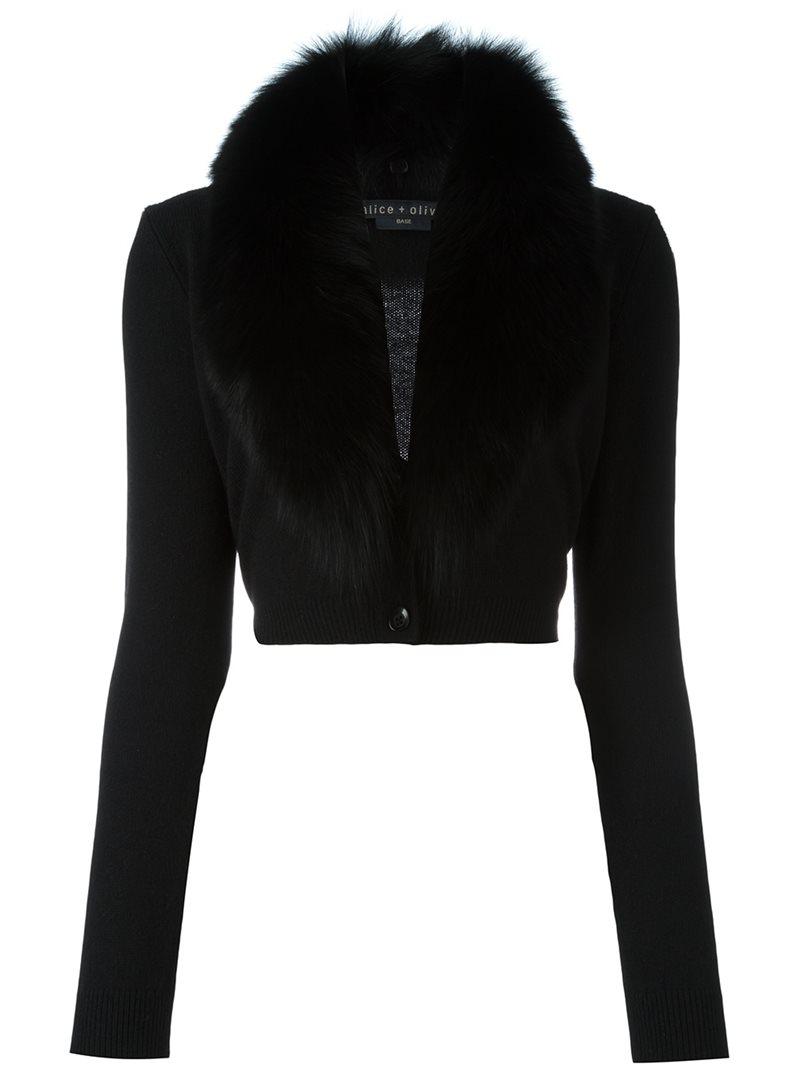 Alice + Olivia Fur Collar Cropped Cardigan in Black | Lyst