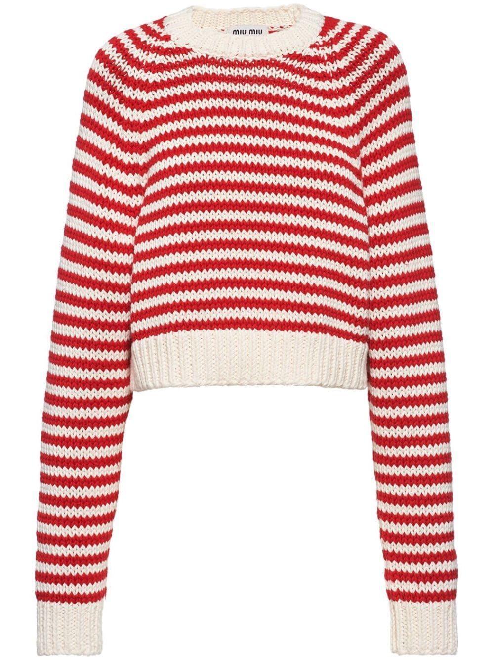 MIUMIU 赤と白のストライプ 長袖ニット Miu Miu Stripe-print Knitted Jumper in Red | Lyst