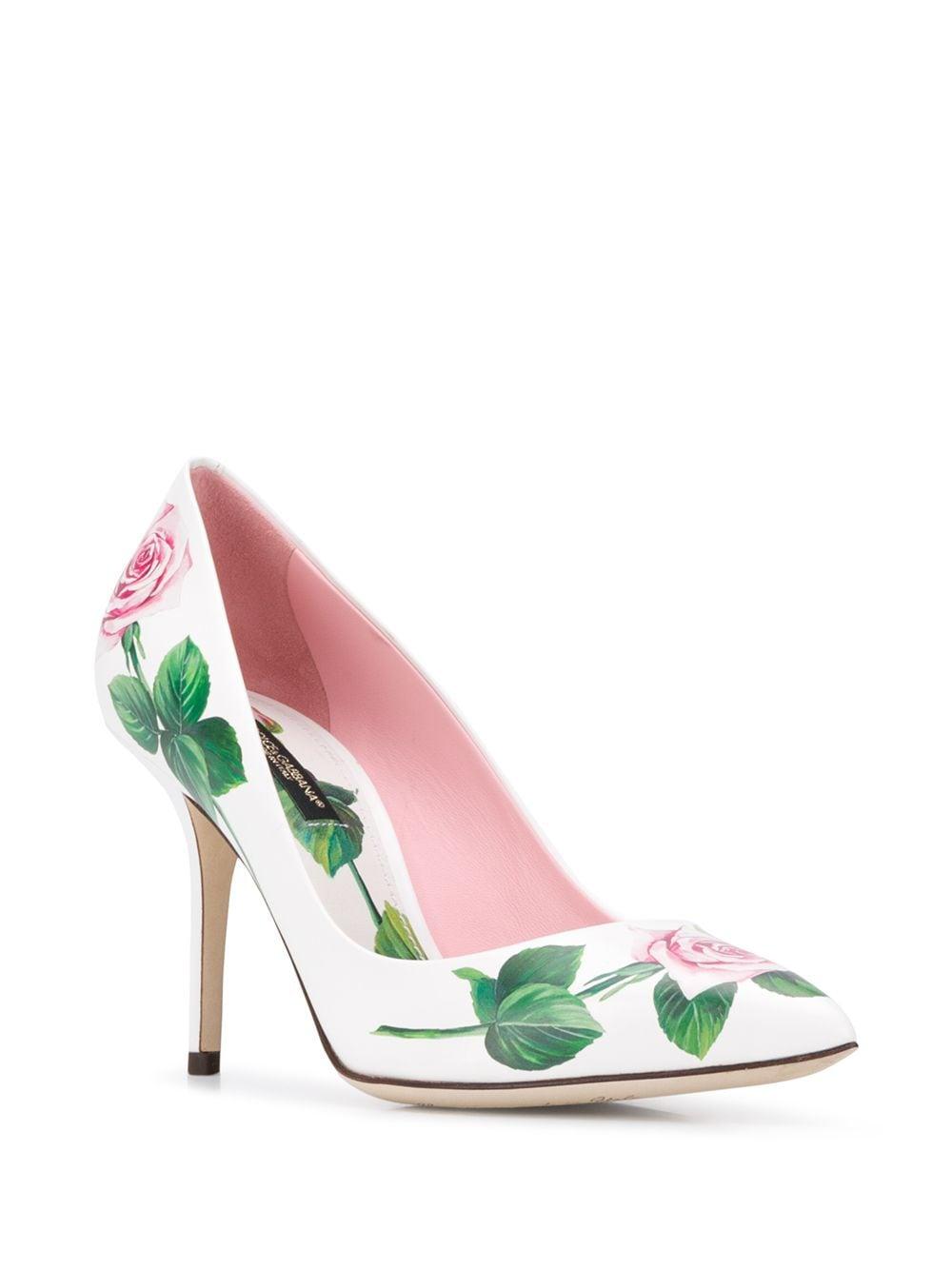 Dolce & Gabbana Leather Rose Print Pumps in White - Lyst