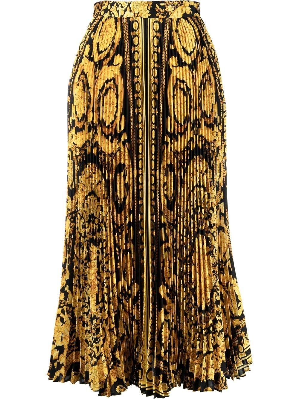 Versace Barocco Pleated Midi Skirt in Yellow | Lyst