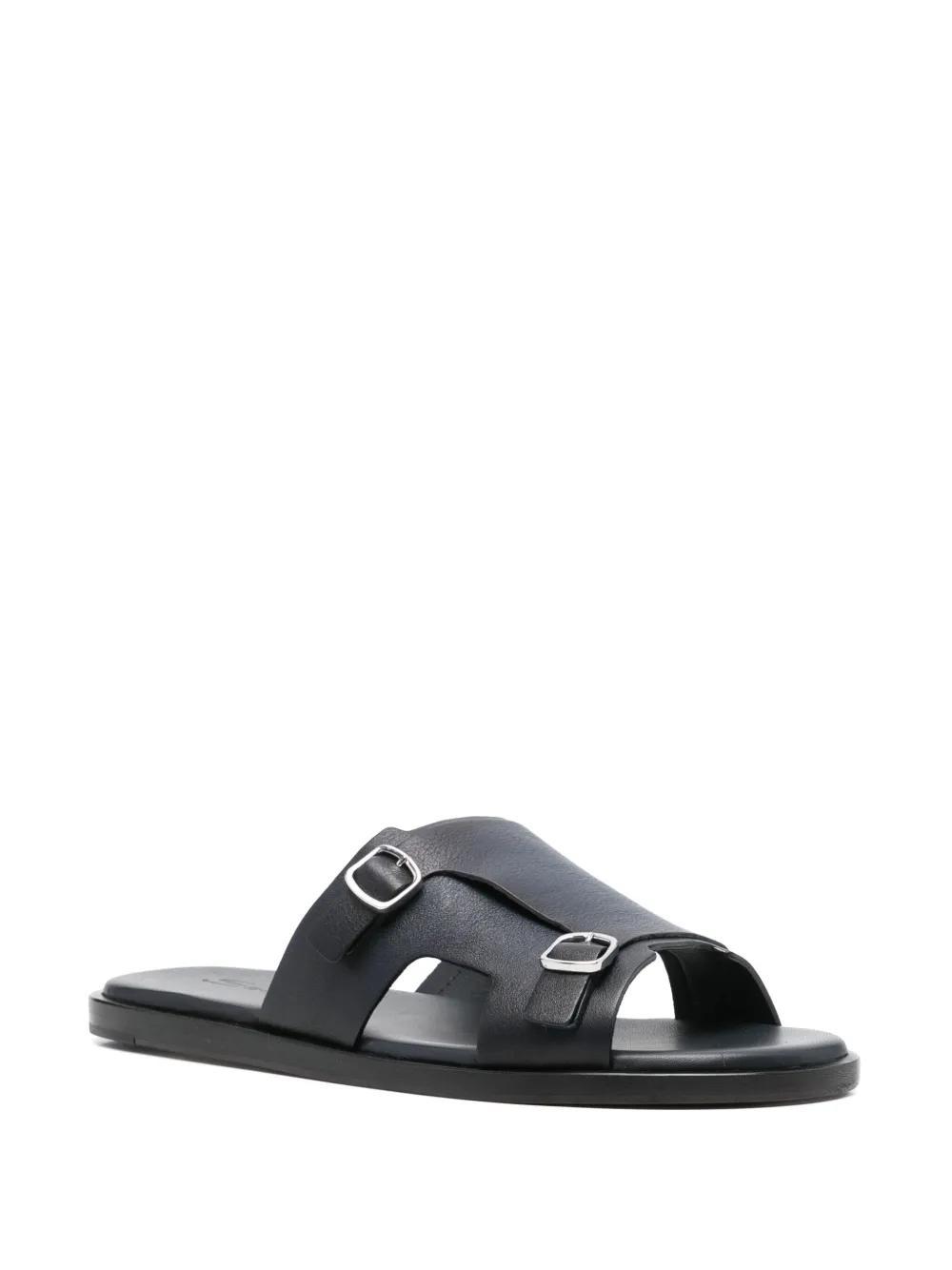 サンダル・ミュール Santoni Shell T-Bar Flat Leather Sandals santoni-blue-Double-Buckle-
