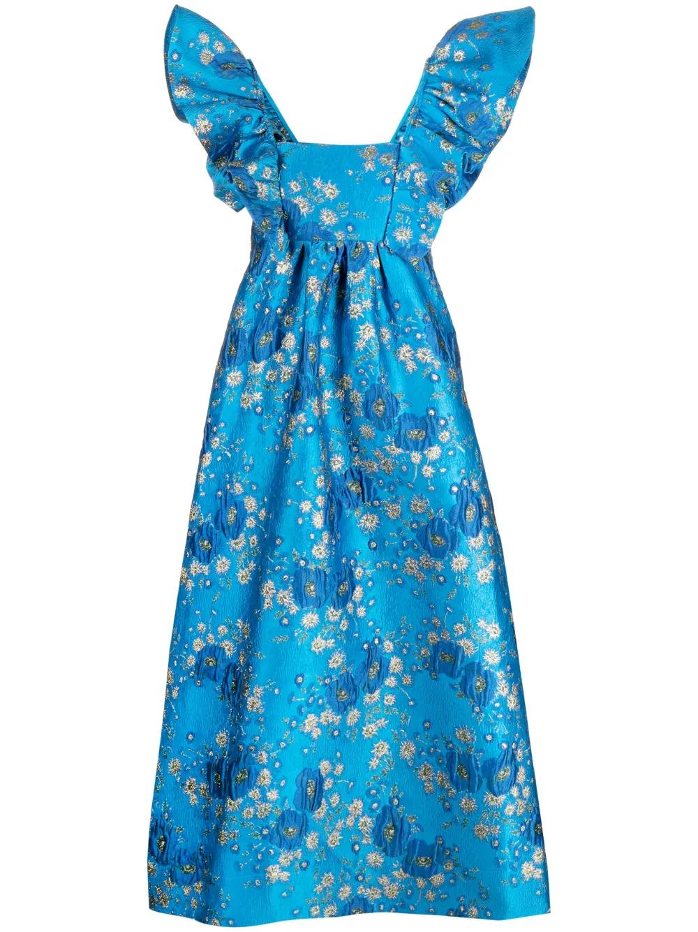 Ganni 3D Jacquard Floral-Print Midi Dress in Blue | Lyst