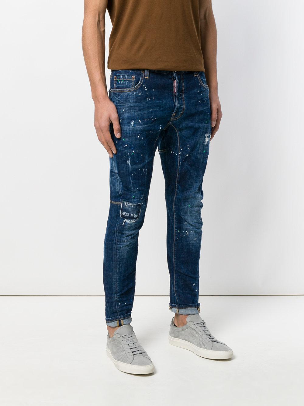 Dsquared2 Men's Jeans Slim Fit In Blue Paint Splatter Distressed Jeans 