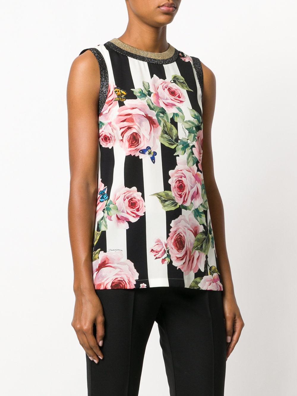 Dolce & Gabbana Silk Striped Rose Print Tank Top - Lyst