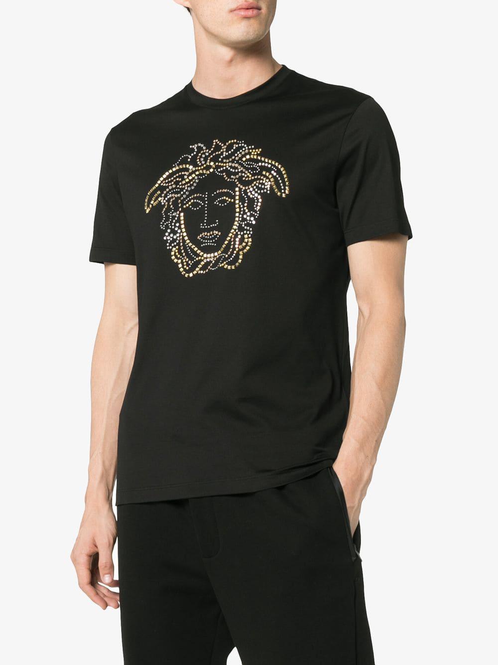 Versace Medusa Crystal Stud Embellished Cotton T Shirt in Black for | Lyst