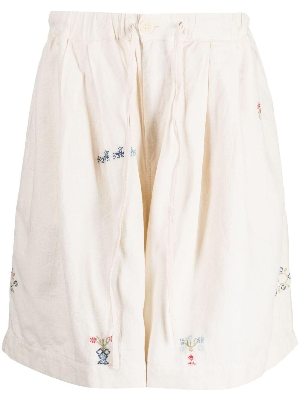 STORY mfg. Embroidered Drawstring Drop-crotch Shorts in Natural