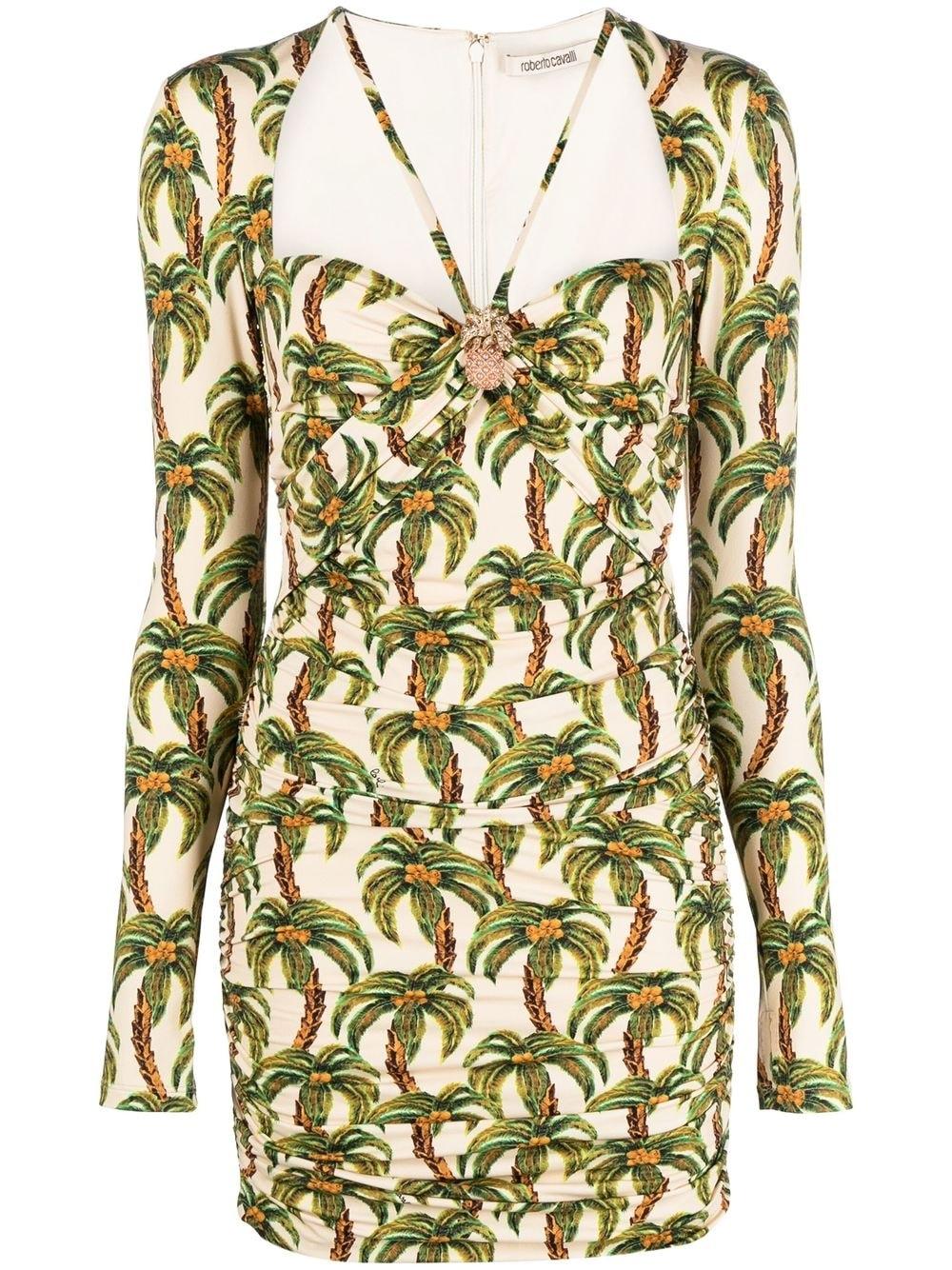 Roberto Cavalli Palm Tree-print Mini Dress in Natural | Lyst